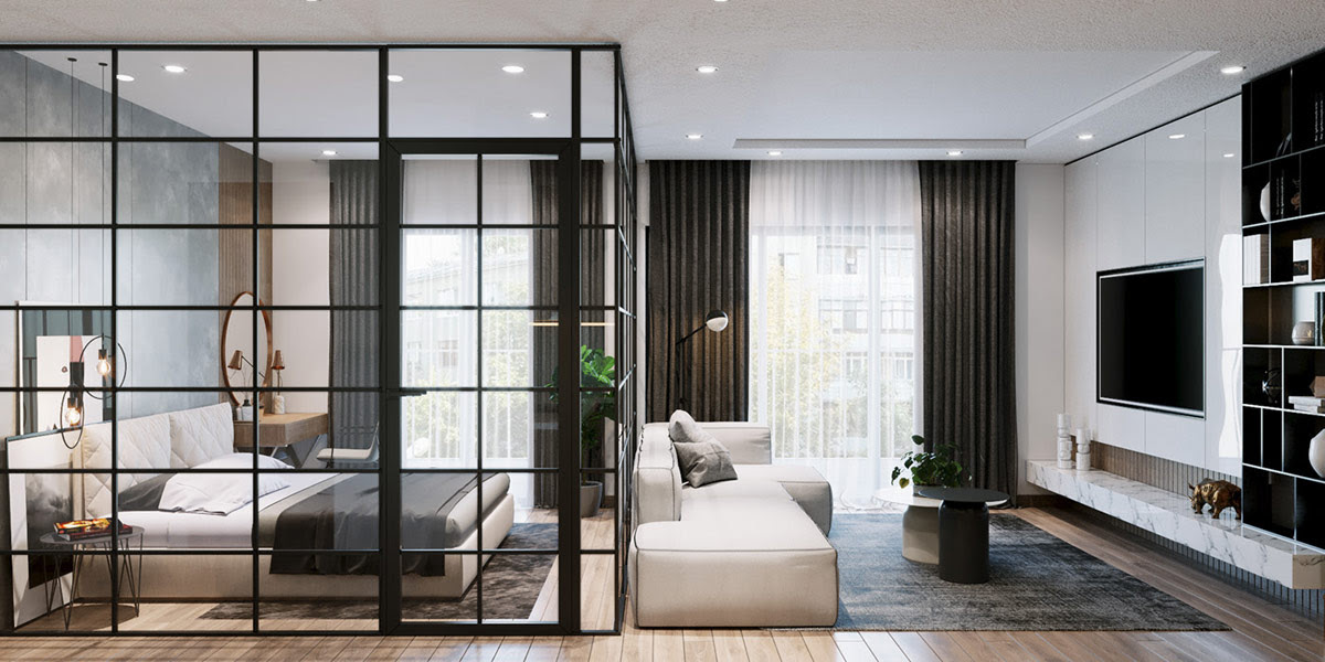 Black Framed Glass Wall Bedrooms And Open Plan Living