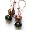 Stering silver earrings made with hand made recycled glass lampwork beads and copper beads