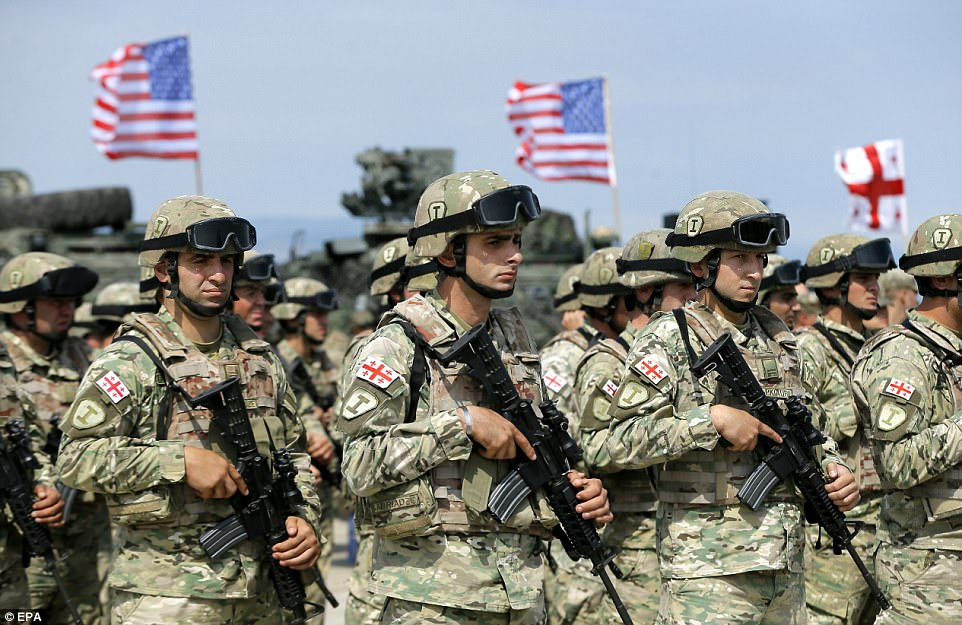 Georgian servicemen line up during the official opening ceremony of the joint multinational military exercise