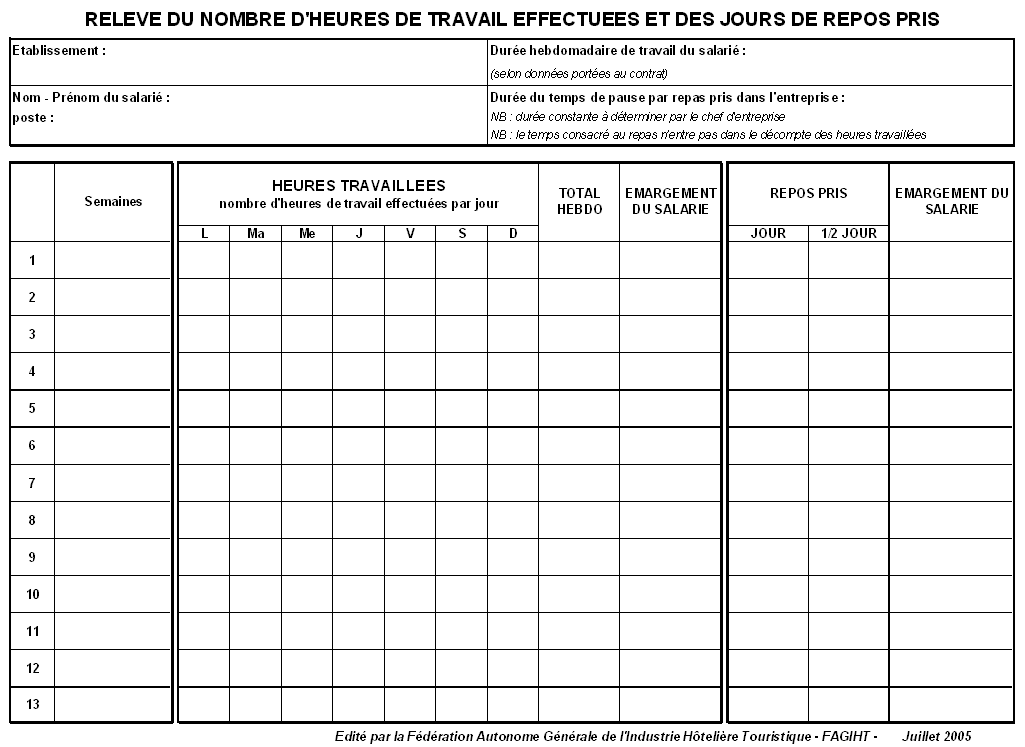 Relevé du nombre d'heures de travail effectuées et des ...
