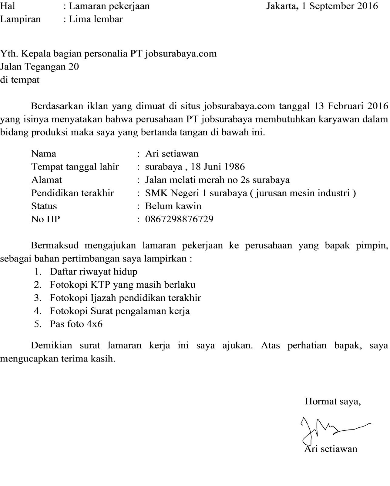 Contoh Surat Lamaran Pekerjaan Berdasarkan Iklan Dari Media Online