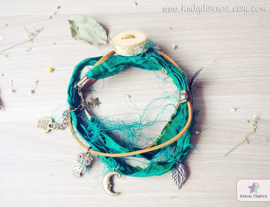 Forest Woodland Night Anklet bracelet Boho. Wood Fox Multiway Anklet Necklace Bracelet. Organic Birch. Woodland Fairies. Green Sari Silk - KandyDisenos