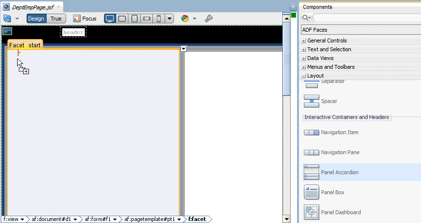 Design Editor showing PanelAccordion component being dragged into the DeptEmpPage page.