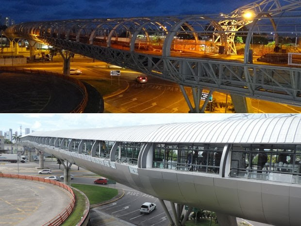 Passarela Aeroporto - Metrô custou R$ 26 milhões e tem esteiras rolantes ligando a estação ao primeiro andar do aeroporto.  (Foto: Luna Markman e Vitor Tavares/G1)