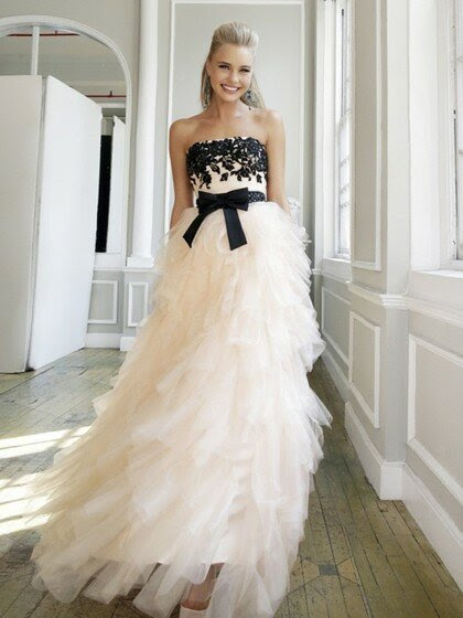 A-line Strapless Tulle Ankle-length Tiered Evening Dresses