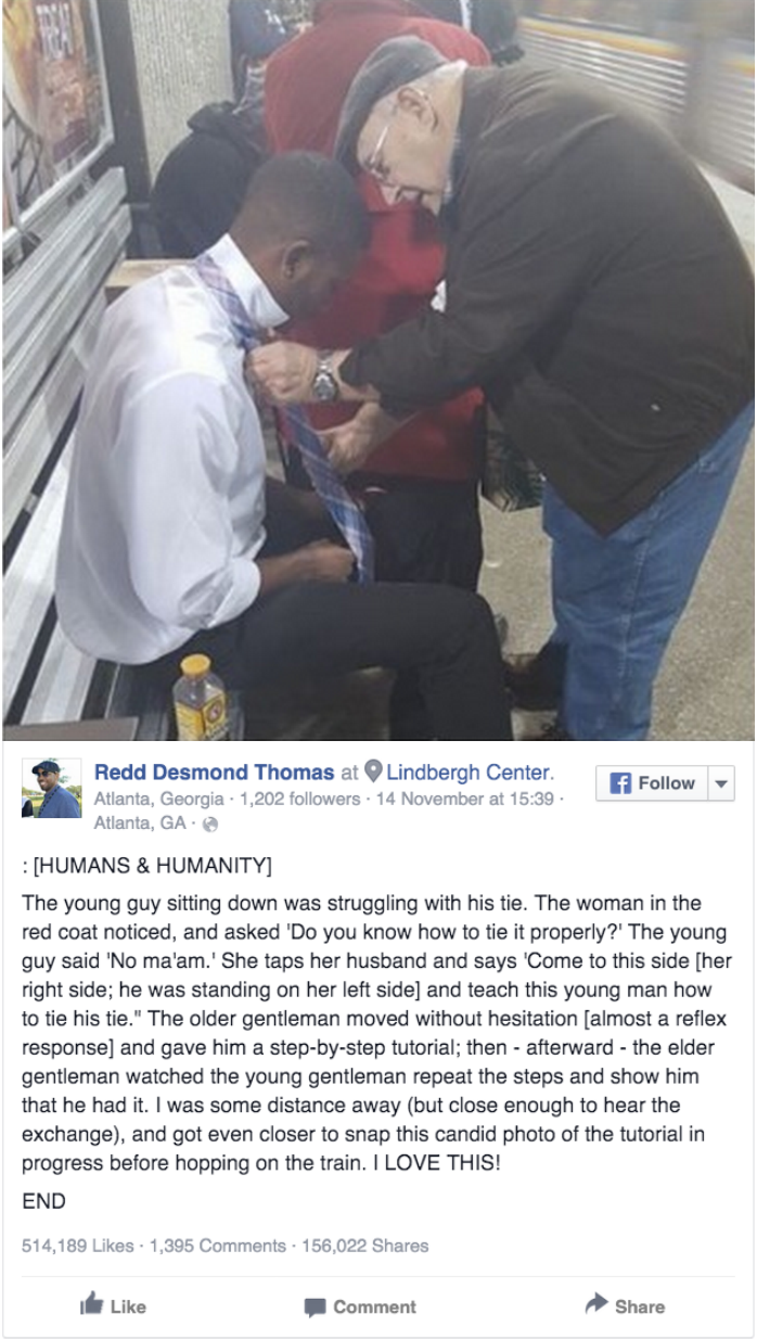heartwarming facebook post shows old man teaching a young man to tie his tie