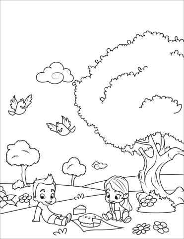 Two Children Going On Picnic Coloring - Play Free Coloring ...