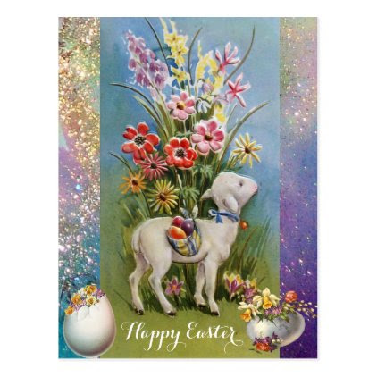 LITTLE LAMB,EASTER EGGS AND COLORFUL FLOWERS POSTCARD