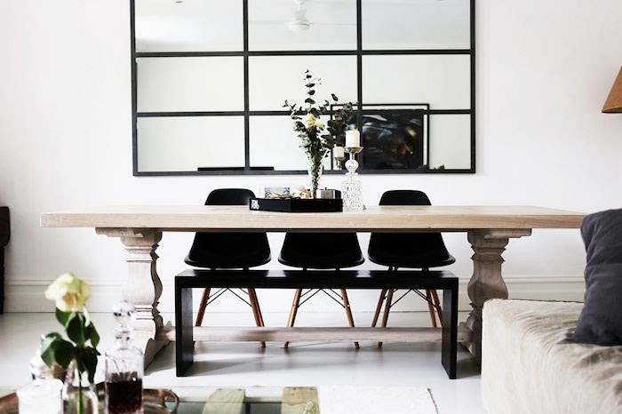 Le Fashion Blog Australian Blogger Brooke Testoni Bright Minimal Home Ornate Light Wood Dining Table Grid Wall Mirror Mid Century Black Chair Side Bench
