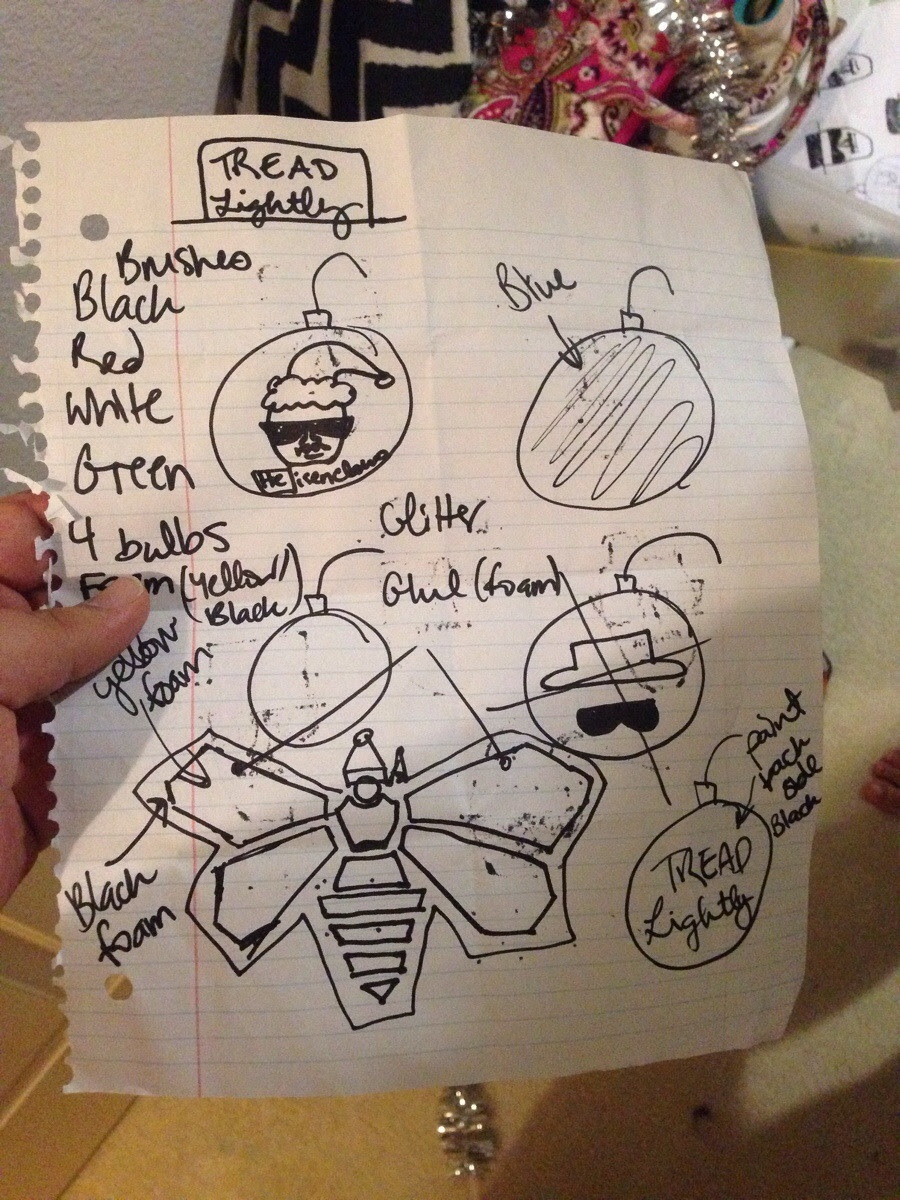 My GF homemade some Christmas ornaments for me Her sketches remind us of Charlie Kelly s dram bok