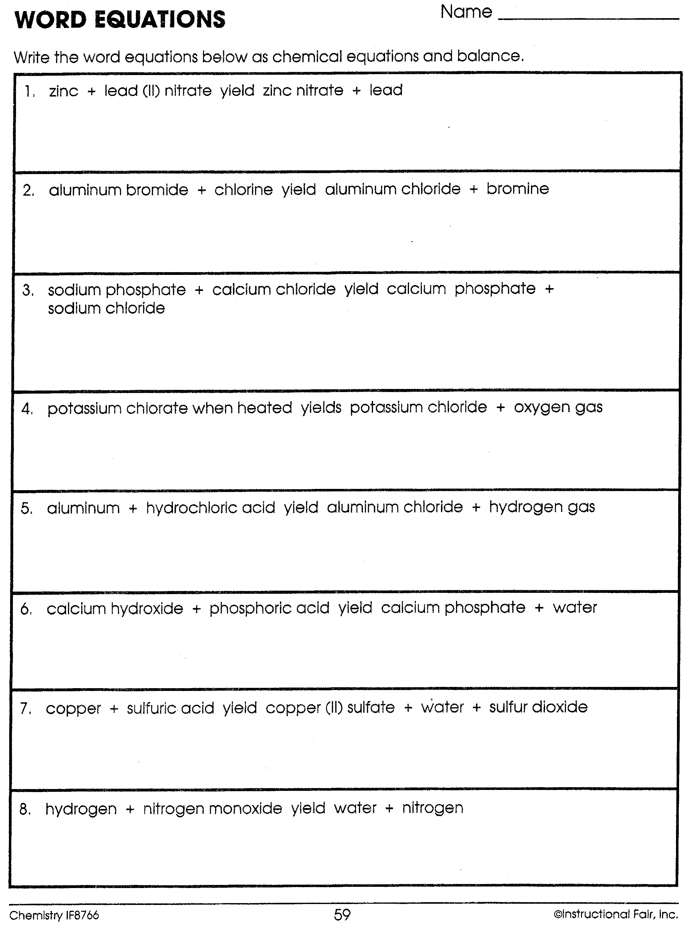 Chemistry chemical word equations worksheet