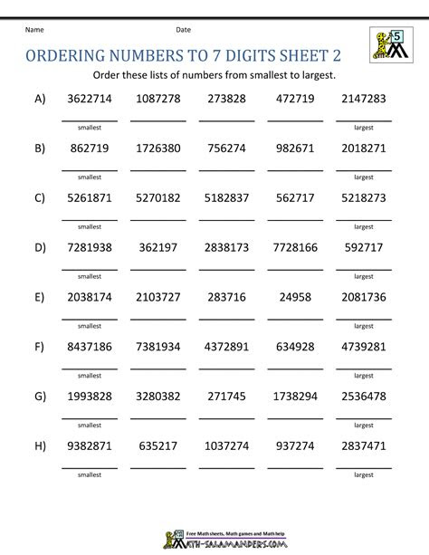  5th grade place value worksheets ordering 7 digit numbers 2gif 1000