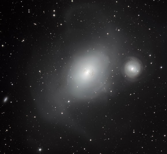 NGC 1316 (left) and its smaller companion galaxy NGC 1317. Image taken with the MPG/ESO 2.2-metre telescope at ESO’s La Silla Observatory in Chile. Credit: ESO 