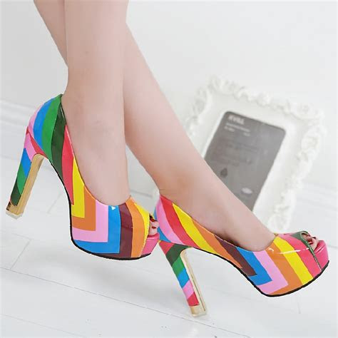 women leather rainbow colorful high heel shoes multi color