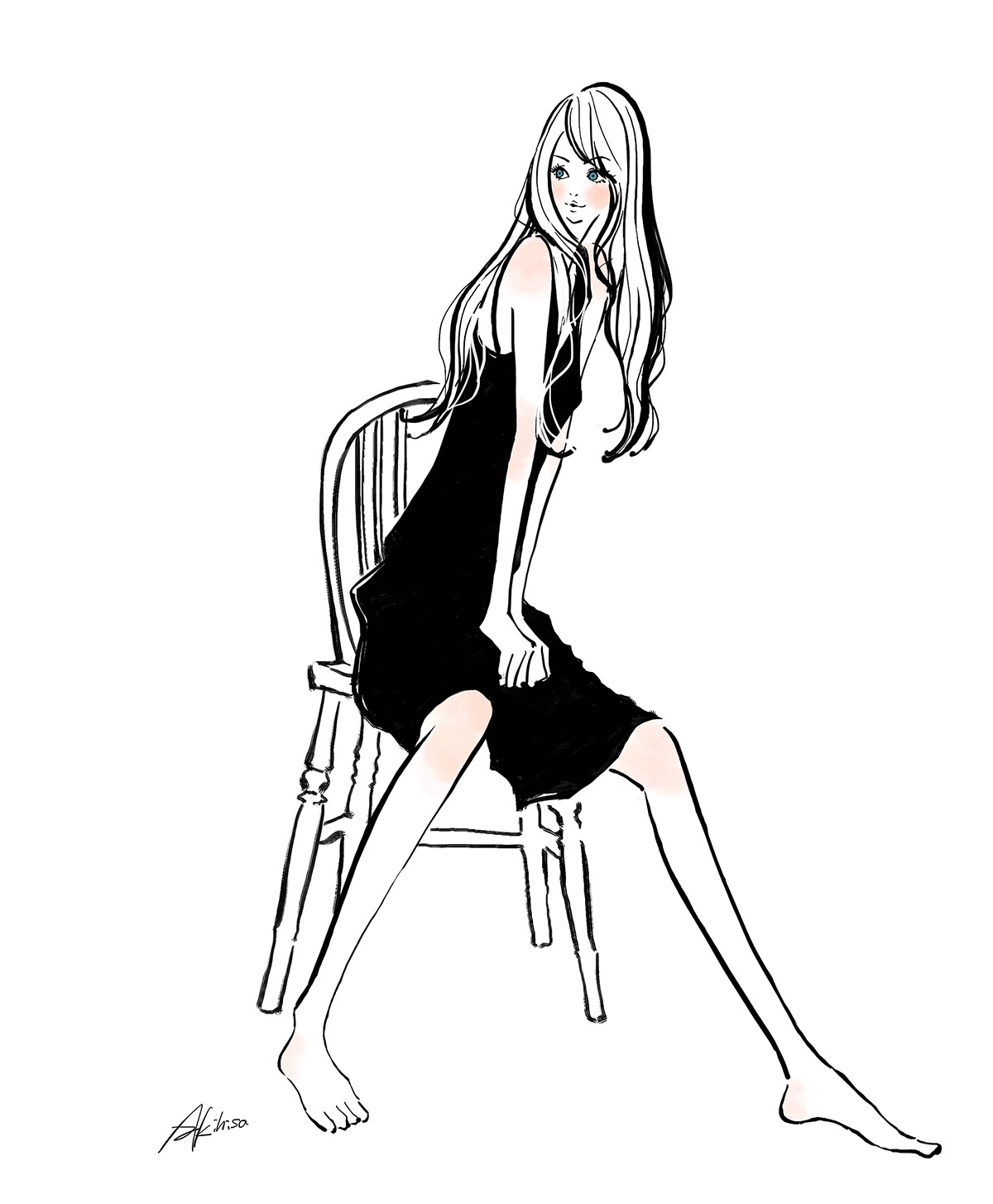 イラスト モノトーン 椅子に座るドレスの女性 イラストレーターakihisasawadaイラスト デザイン室