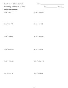 Factoring Trinomials (a=1) Worksheet for 8th - 10th Grade ...