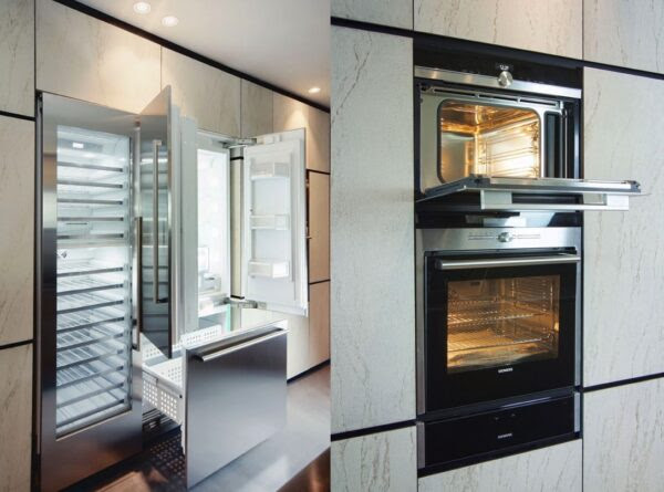 Also part of the Natural Skin collection, the modular "monolith" provides clever integration of all kitchen appliances, while providing hidden storage spaces for baskets, drawers, shelves, and everything a chef could need. Minacciolo decided to use gorgeous marble – not normally available with the Natural Skin line – and the effect is truly breathtaking.