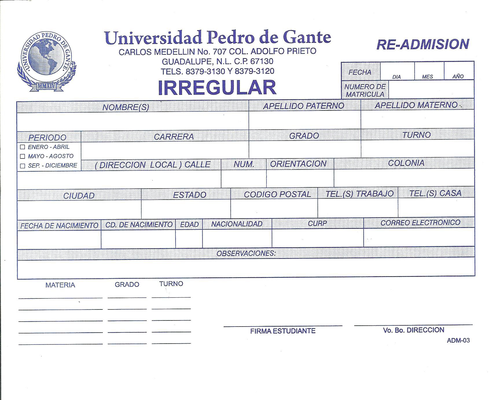 Solicitud de admisión  Universidad Pedro de Gante