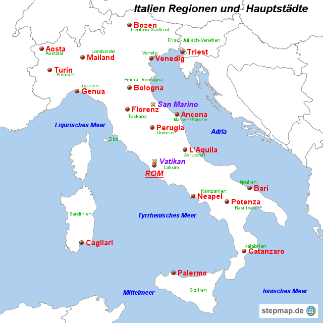 Italien Karte Regionen Mit Hauptstädten | Kleve Landkarte