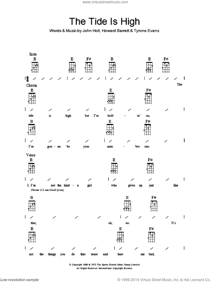 Blondie - The Tide Is High sheet music for ukulele (chords) PDF