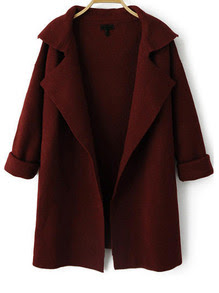 Wine Red Lapel Long Sleeve Loose Knit Cardigan