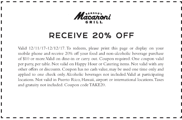 Macaroni Grill Coupons - 20% off at Macaroni Grill restaurants