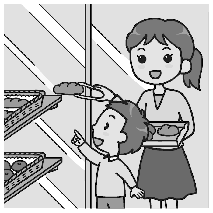 パン屋さん モノクロ 買い物の無料イラスト 生活 くらし 人物素材