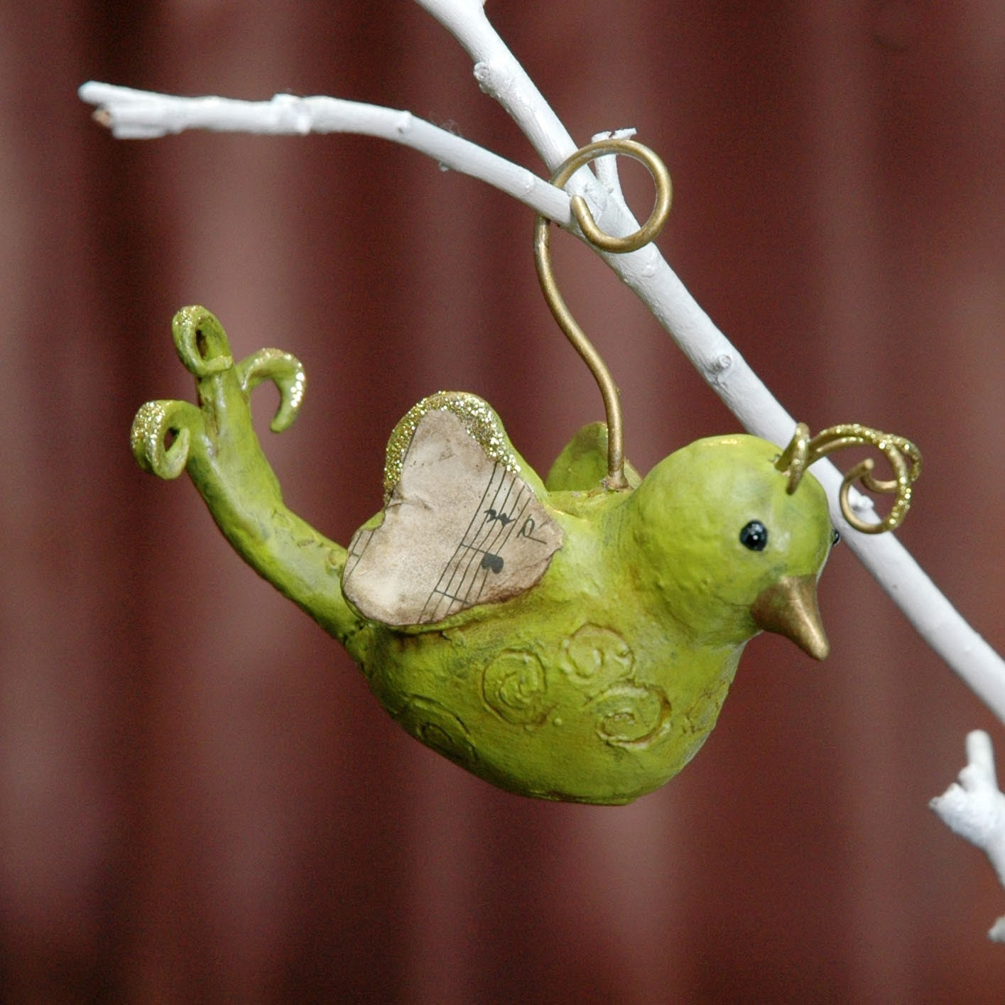 Bird Ornament Handmade Paperclay Chartreuse Green