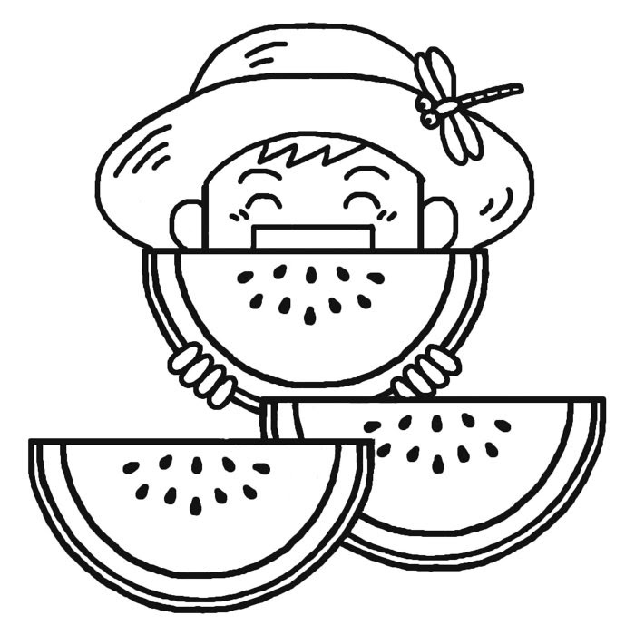 スイカがぶり 白黒 夏のイラスト 無料素材