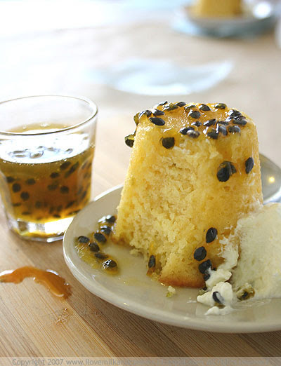 Baby lime cakes with passionfruit syrup and cream