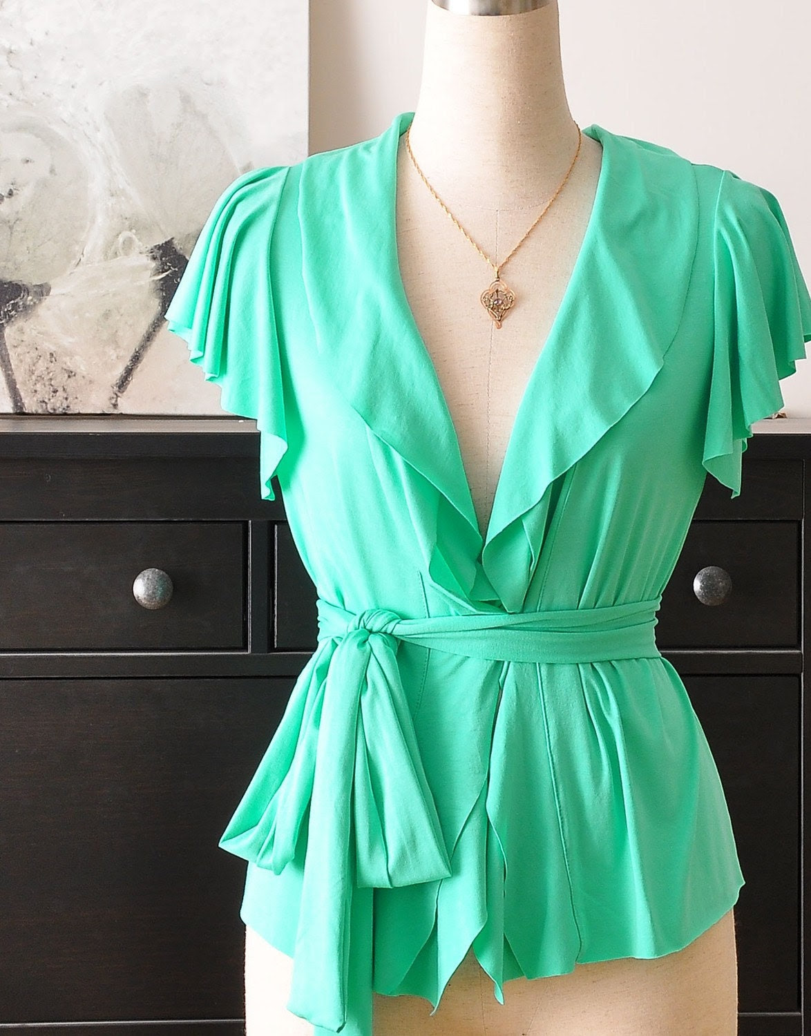 Romantic Wrap Top In Light Green (Long Ruffled Sleeve)
