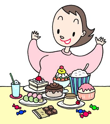 女性イラスト無料素材 糖分摂取過多 カロリー摂取過多 食べ過ぎ 肥満予備軍