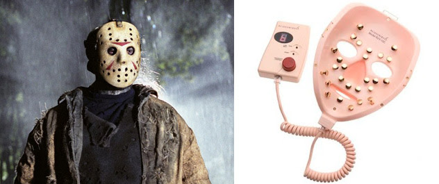 The Rejuvenique skin-stimulating mask, at right, could double as a Halloween costume if you wanted to be Jason Vroohees from the classic horror series, "Friday the 13th."
