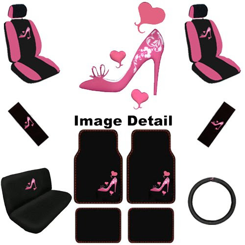 Lady High Heel Shoe w/ Triple Pink Hearts Auto Accessories Interior Car Truck SUV Combo Kit Gift Set - 15PC On Sale