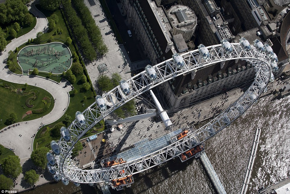 Wheels within wheels: A dramatic from-above snapshot of the London Eye in its slot on the South Bank