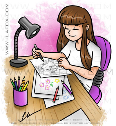 Desenho Mangá encomenda, menina desenhando na escrivaninha, by ila fox