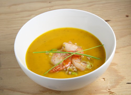 Roasted Pumpkin Soup with Shrimp, Farro, and Leeks