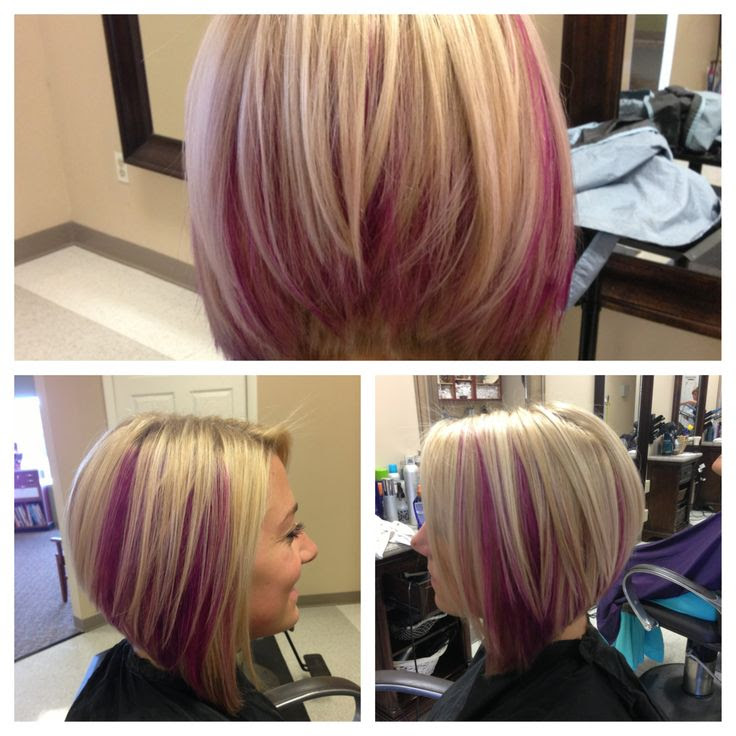 bob haircut with red and blonde highlights
