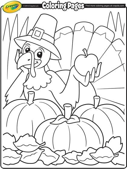 Turkey cartoon wearing pilgrim hat and holding apple surrounded by leaves and pumpkins . thanksgiving coloring pages and activity sheets mom wife busy life