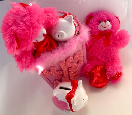 BE MINE Fluffy Valentine's Day Fabric Gift Bag For Adults & Children - Piggy Bank, Plush Teddy Bear Stuffed Animal & Large Foil Wrapped Valentine Milk Chocolate