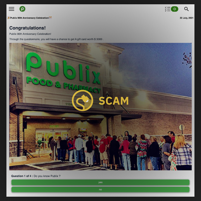 SCAM ALERT: Publix 90th Anniversary $3,000 Gift Card