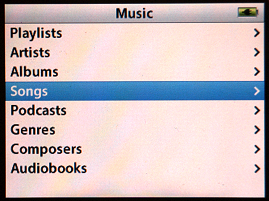Apple iPod music choices screen