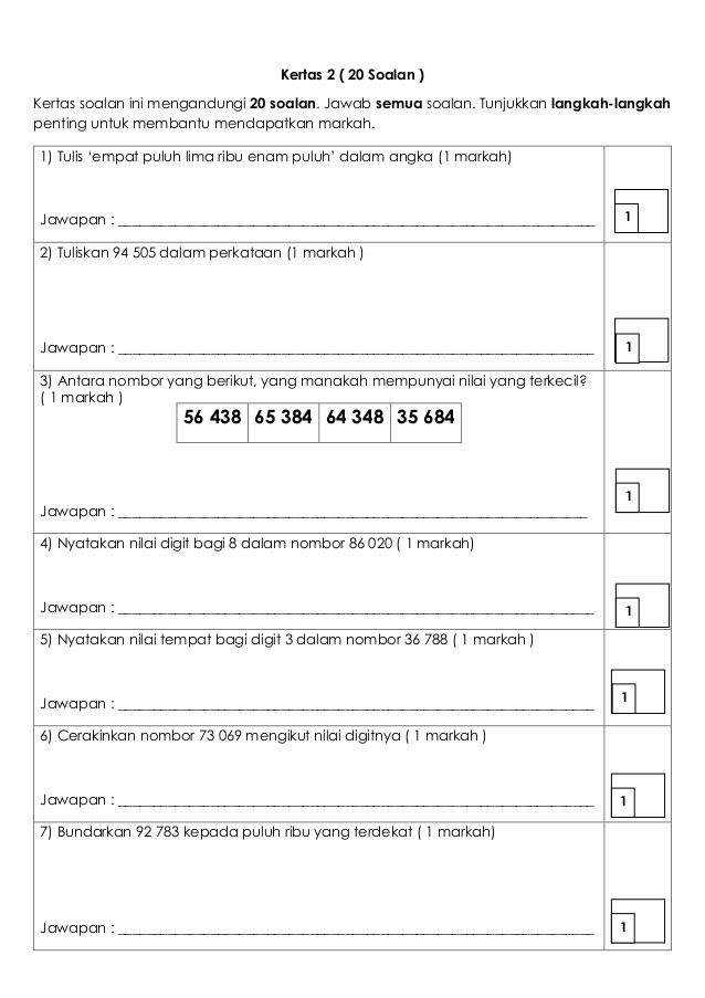 Kertas Soalan Matematik Tahun 4 Ropotqngo