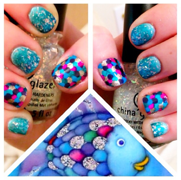 にじいろのさかな風ネイル おしゃれな絵本モチーフのデザインネイル