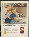 Puppies grow strong Friskies Dog Food ad 1957 Douglass Crockwell art Pet Shop