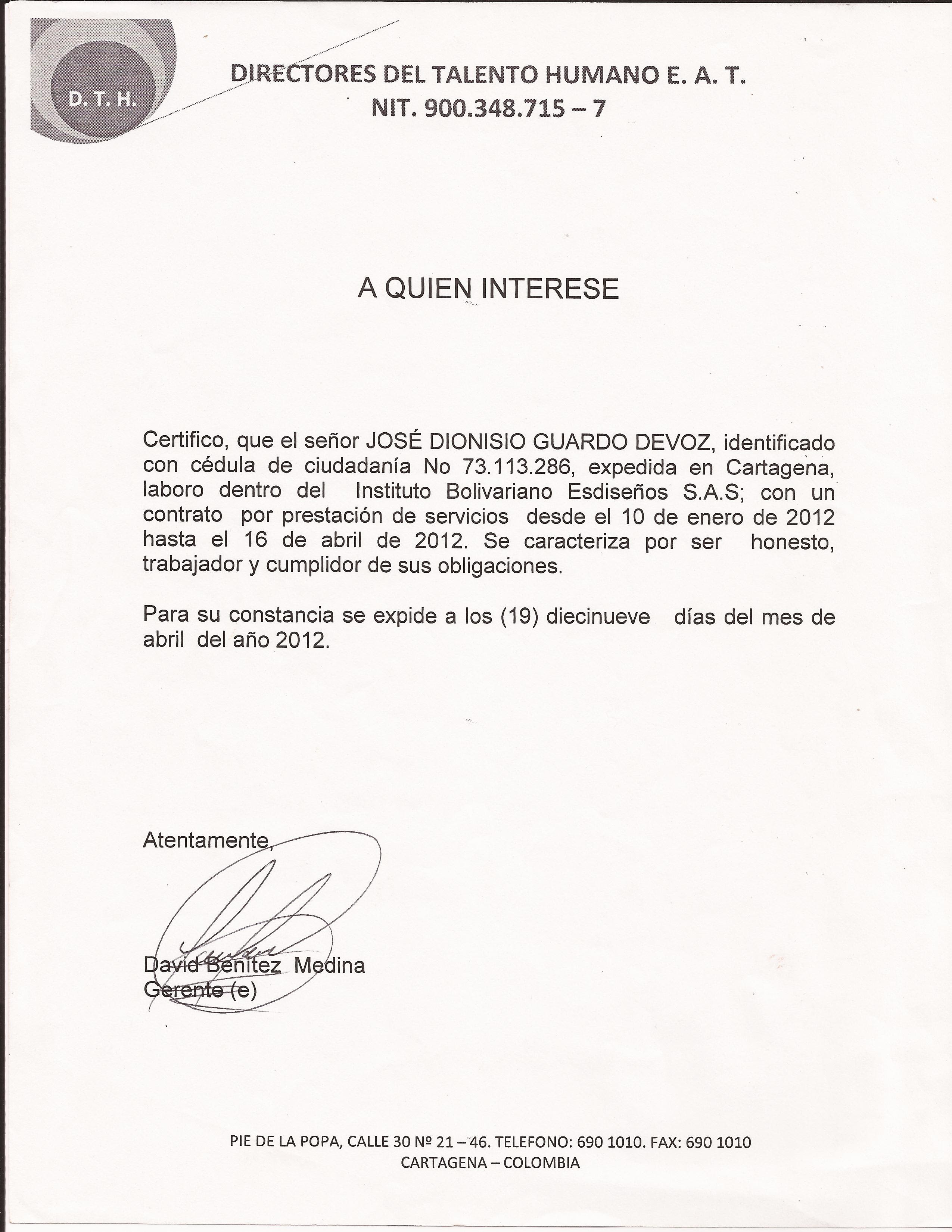 Certificación Laboral: Coordinador Academico - CV 