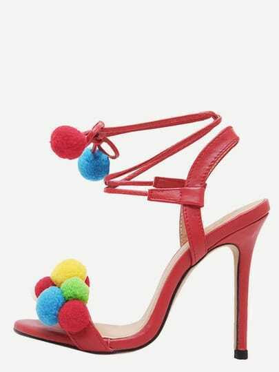 Red Open Toe Pompom High Stiletto Pumps pictures