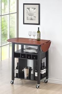 Roundhill Cherry Drop Leaf Wine Serving Cart on Wheels, Black 