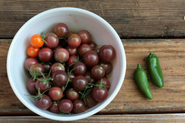 black cherry tomatoes and mild jalapenos