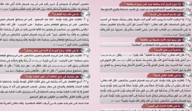 Panfleto do grupo Estado Islâmico destaca como escravas devem ser tratadas e o que é ou não permitido fazer com elas (Foto: BBC)